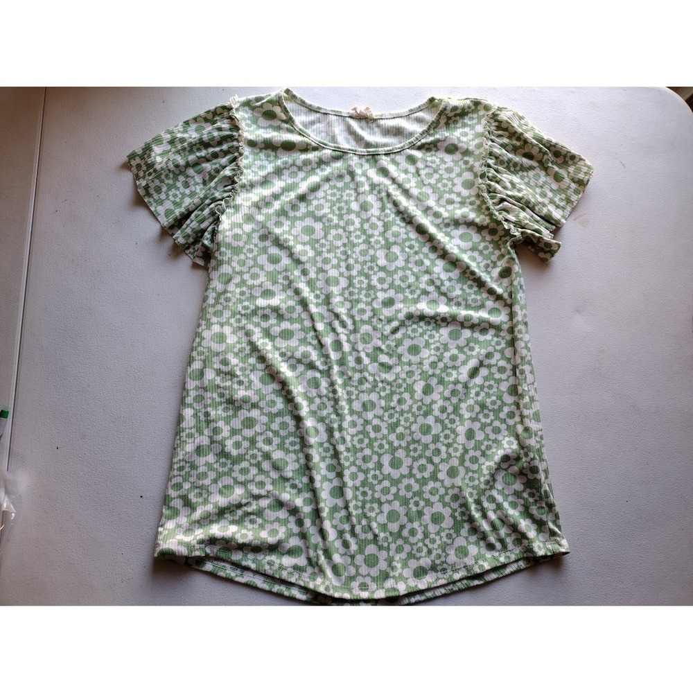 Lovely Melody Green White Floral Daisy Flutter Sleeve Ribbed Top Small
